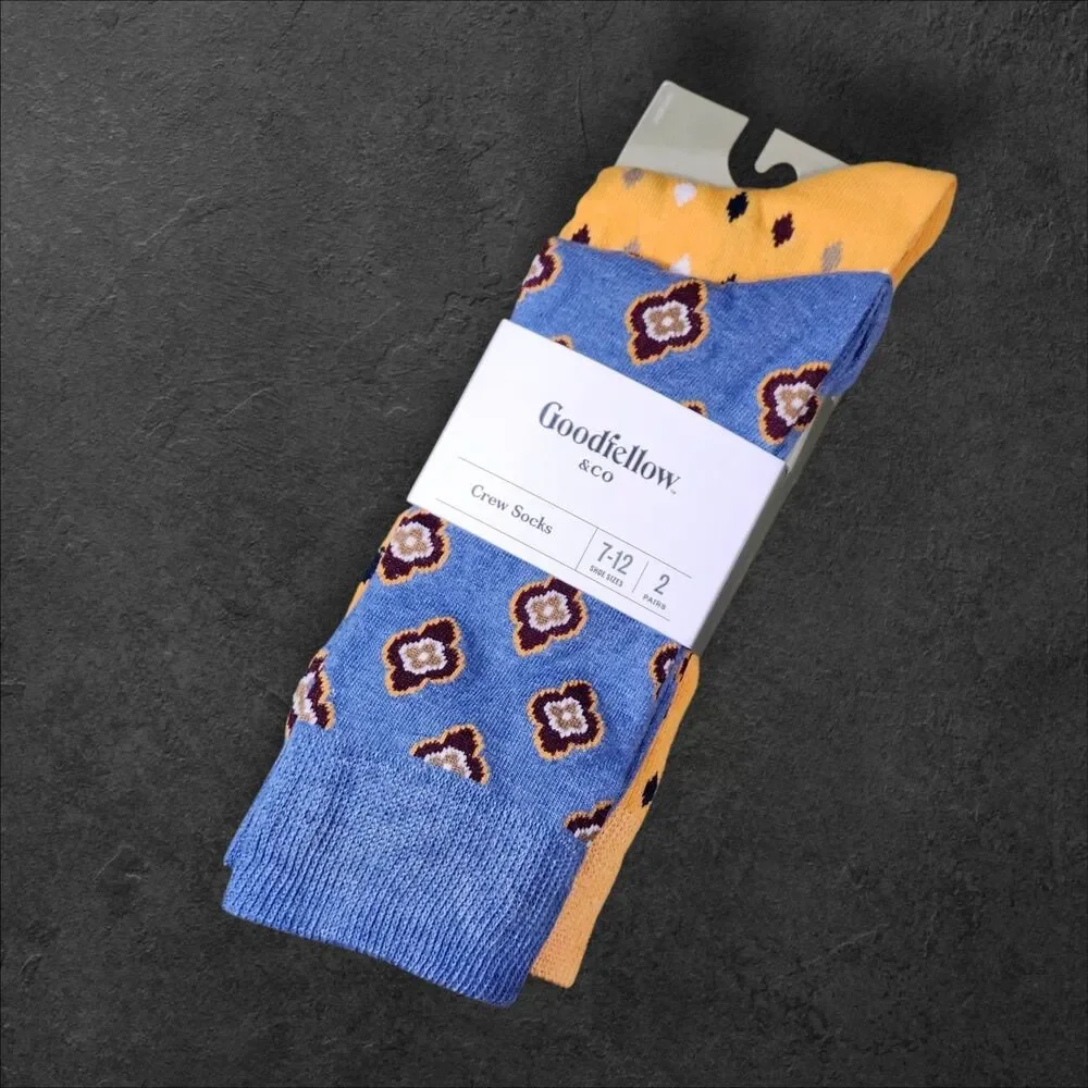 Goodfellow and Co Blue Gold Geometric Crew Socks Mens 7-12 NWT 2 Pair Pack